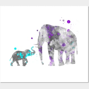 Mom and Baby Elephant Watercolor Painting Lilac Blue Posters and Art